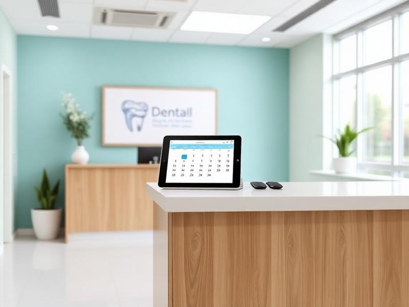 Software dental con agenda y ficha de paciente en una tablet en la recepción de una clínica dental