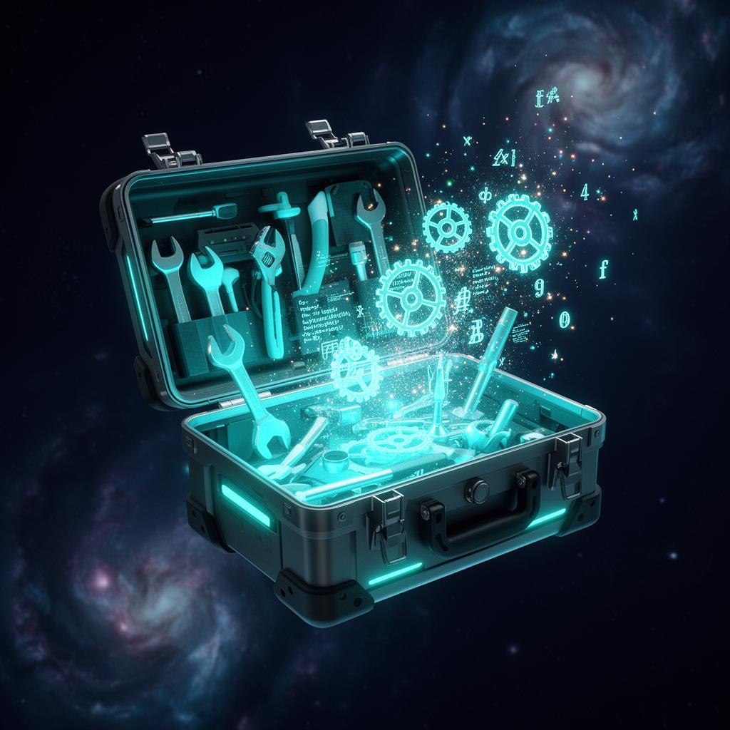 Caja de herramientas holográfica con engranajes brillando en el espacio