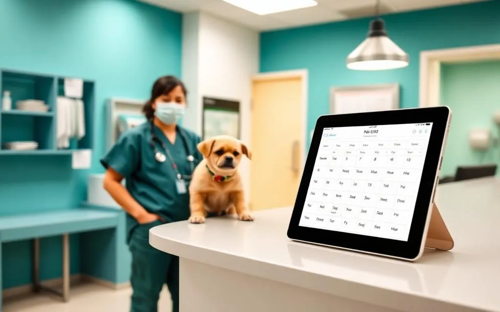 Recepción de una clínica veterinaria con una tablet mostrando la agenda de citas y un perro sobre el mostrador